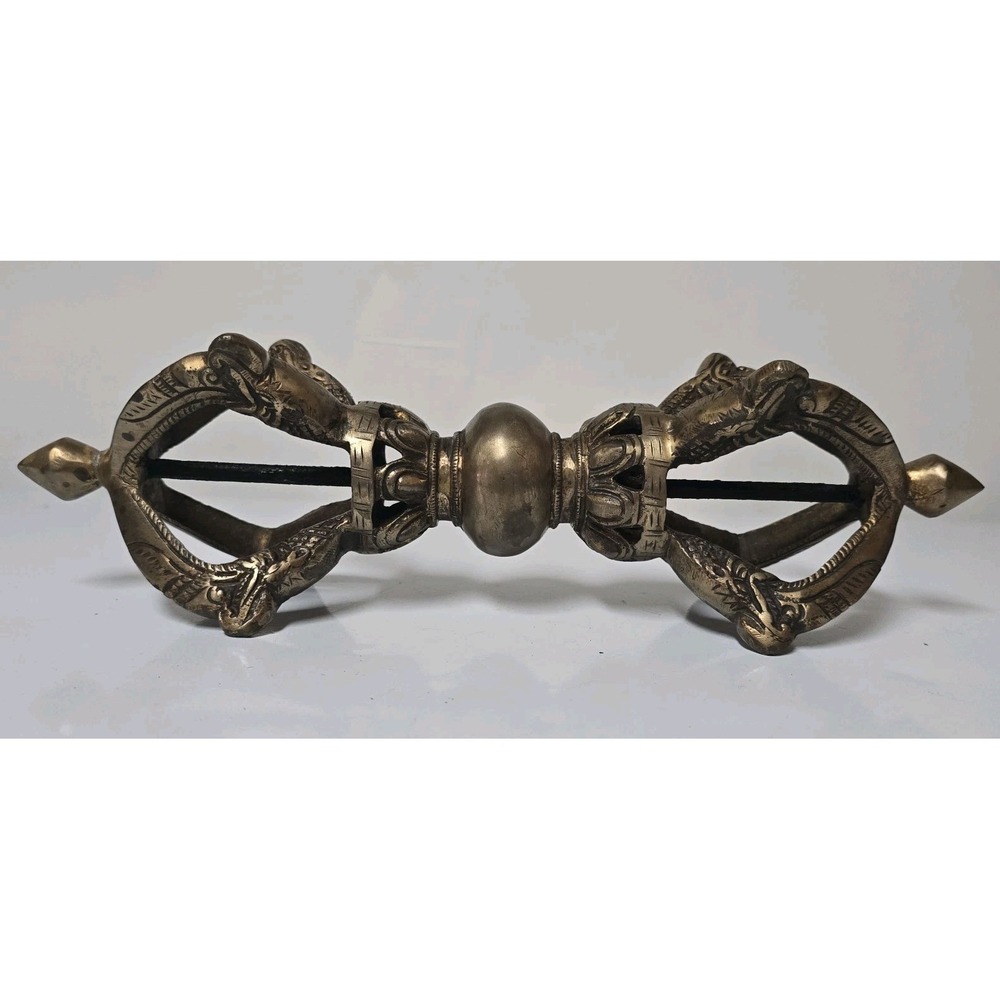 Antique Brass Tibetan Buddhist 5 pronged Vajra/Dorje 13" - Picture 8 of 16